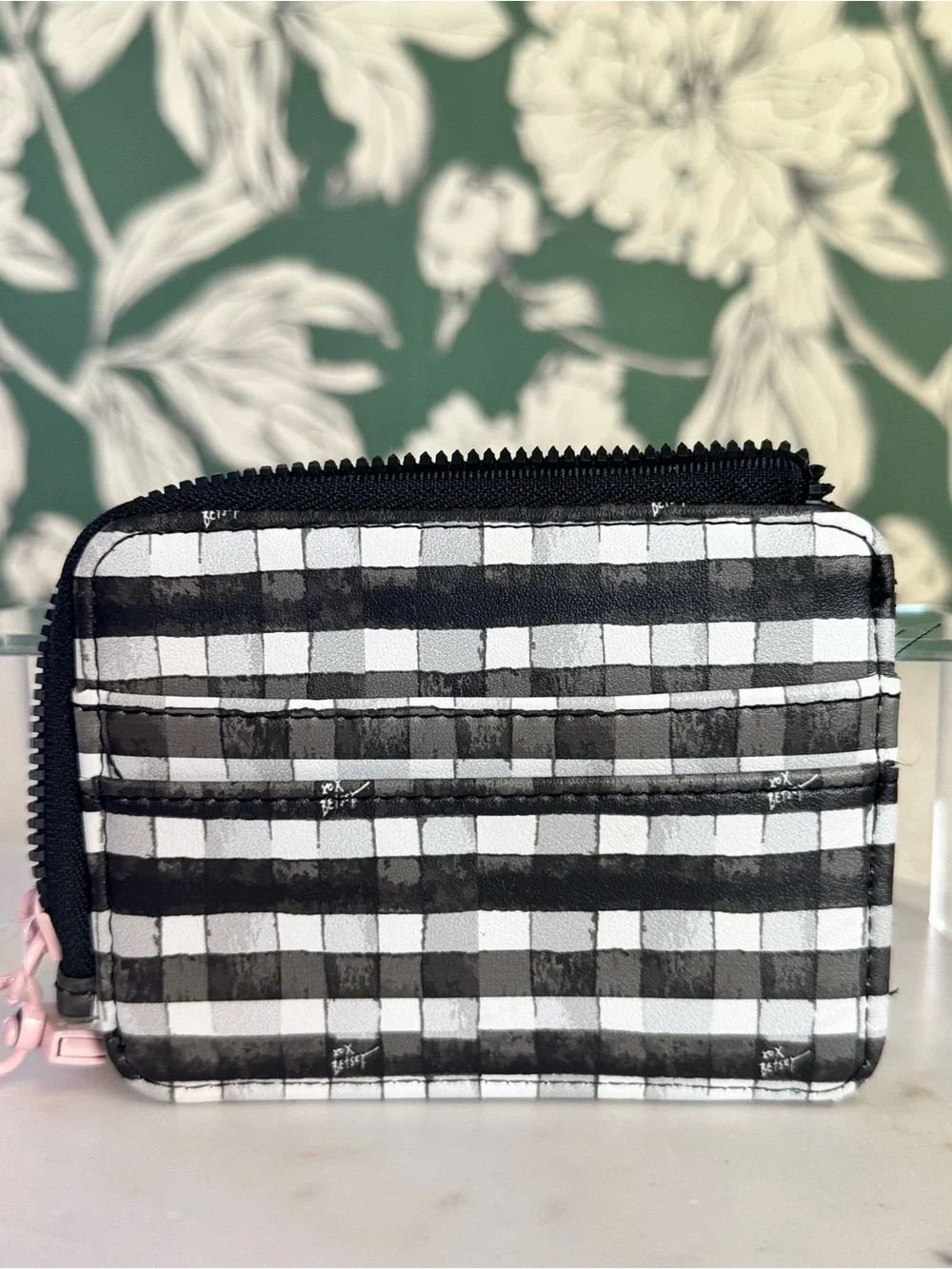 Betsey Johnson Black and White Gingham Wallet with Pink Heart Accent